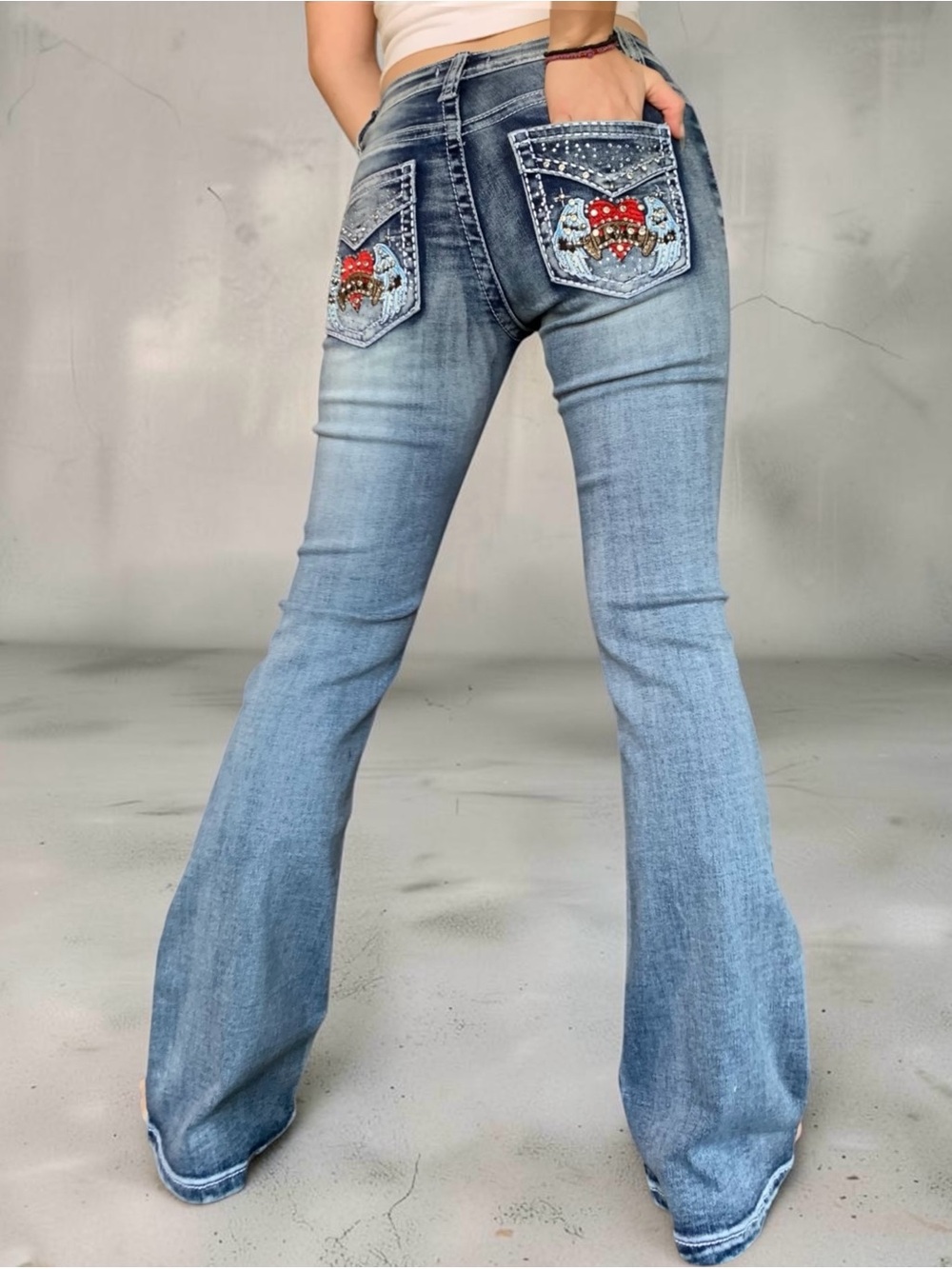 Y2K Disclosure McBling Rhinestone Flare Jeans Bling Angel Wings Heart Denim